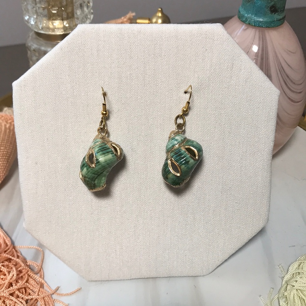 Enameled teal shell earrings with gold trim